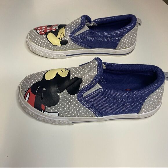 DISNEY Kids Minnie and Mickey Kissing Slip On Blue Sparkly Polka Dot Shoes - Picture 6 of 9